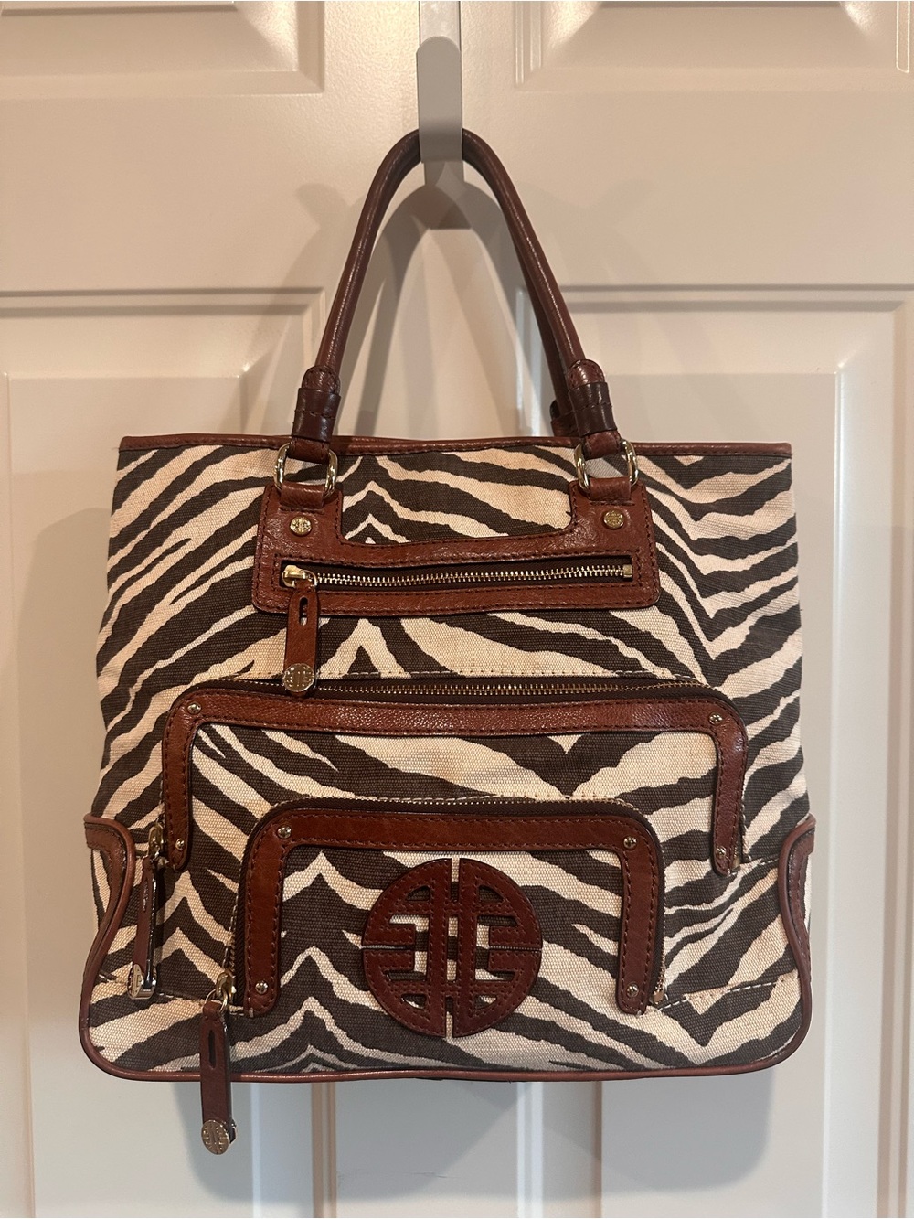 Antonio Melani Zebra Print Canvas Tote in Brown and Cream